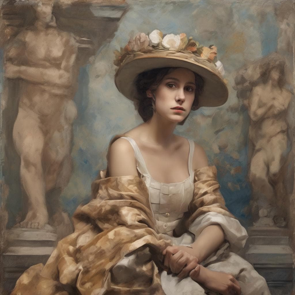 Ανθρώπινη πορτρέτο νεαρή γυναίκα με καπέλο και λουλούδια, σε κλασική ζωγραφική.